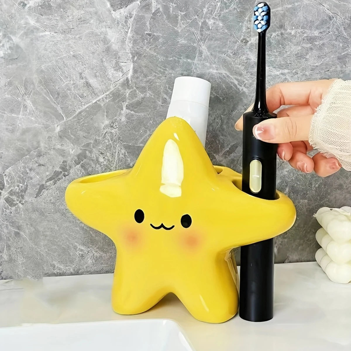 Cute Star-Shaped Toothbrush Holder Freestanding Bathroom Organizer with Cute Face Design, Space-Saving Toothbrush & Toothpaste