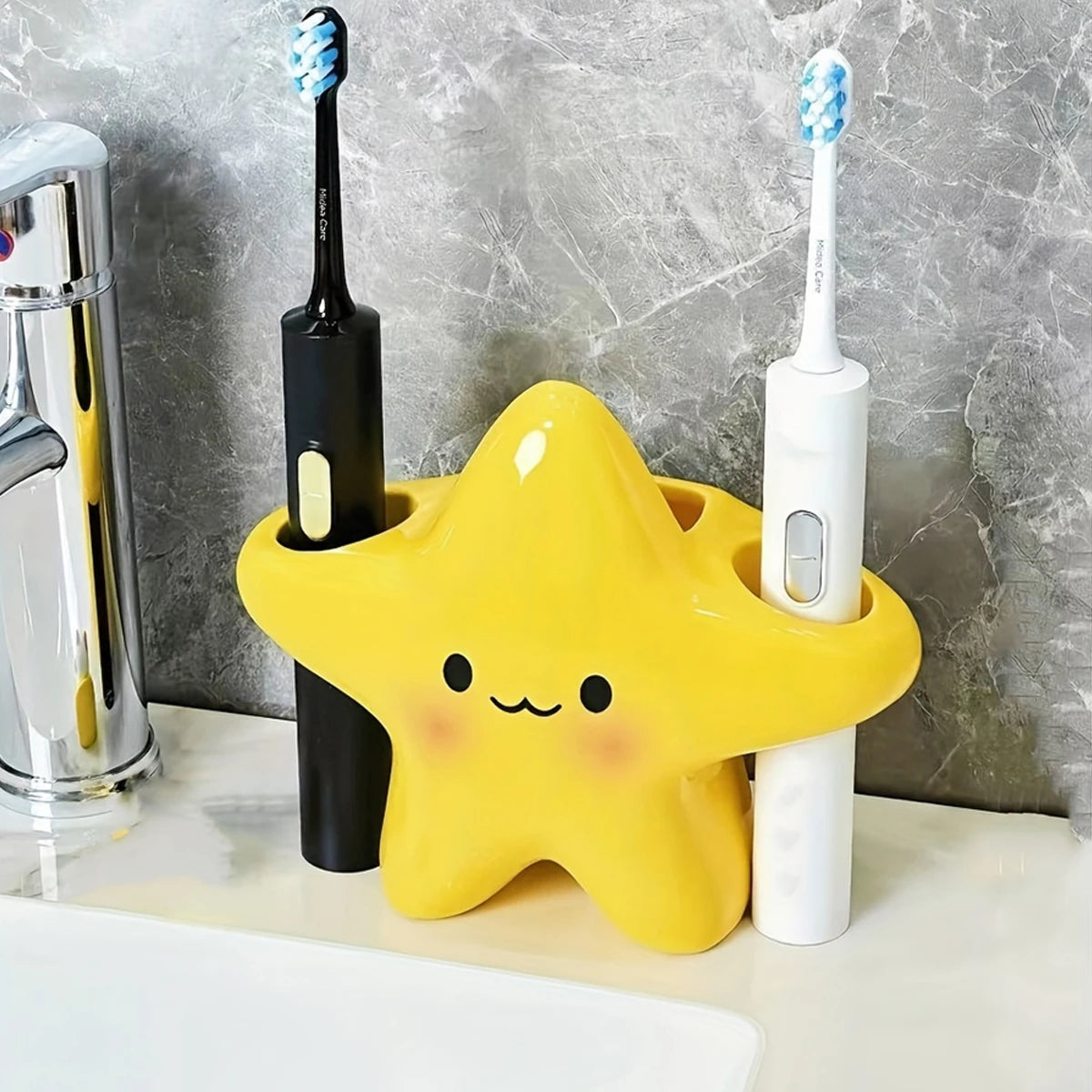 Cute Star-Shaped Toothbrush Holder Freestanding Bathroom Organizer with Cute Face Design, Space-Saving Toothbrush & Toothpaste