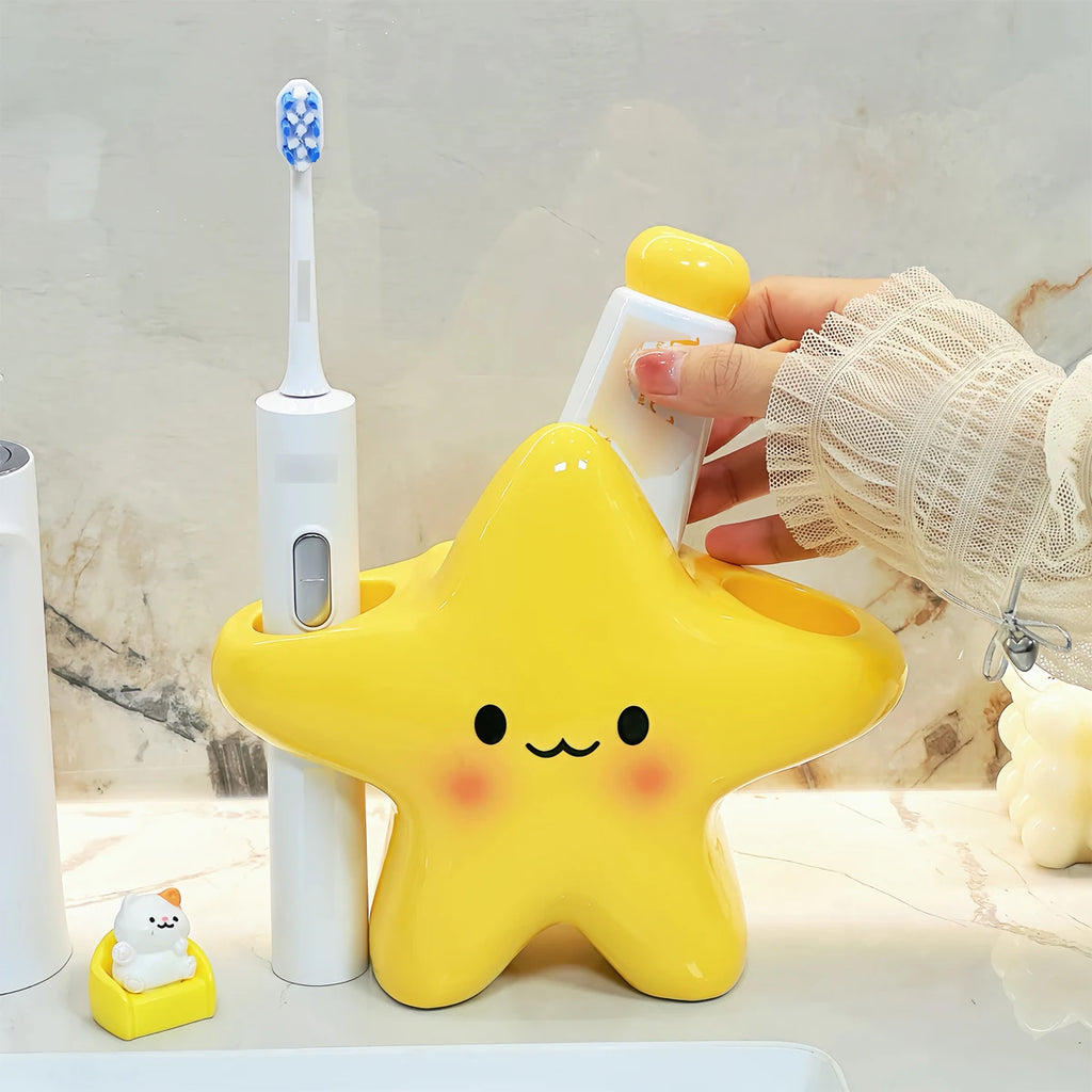 Cute Star-Shaped Toothbrush Holder Freestanding Bathroom Organizer with Cute Face Design, Space-Saving Toothbrush & Toothpaste