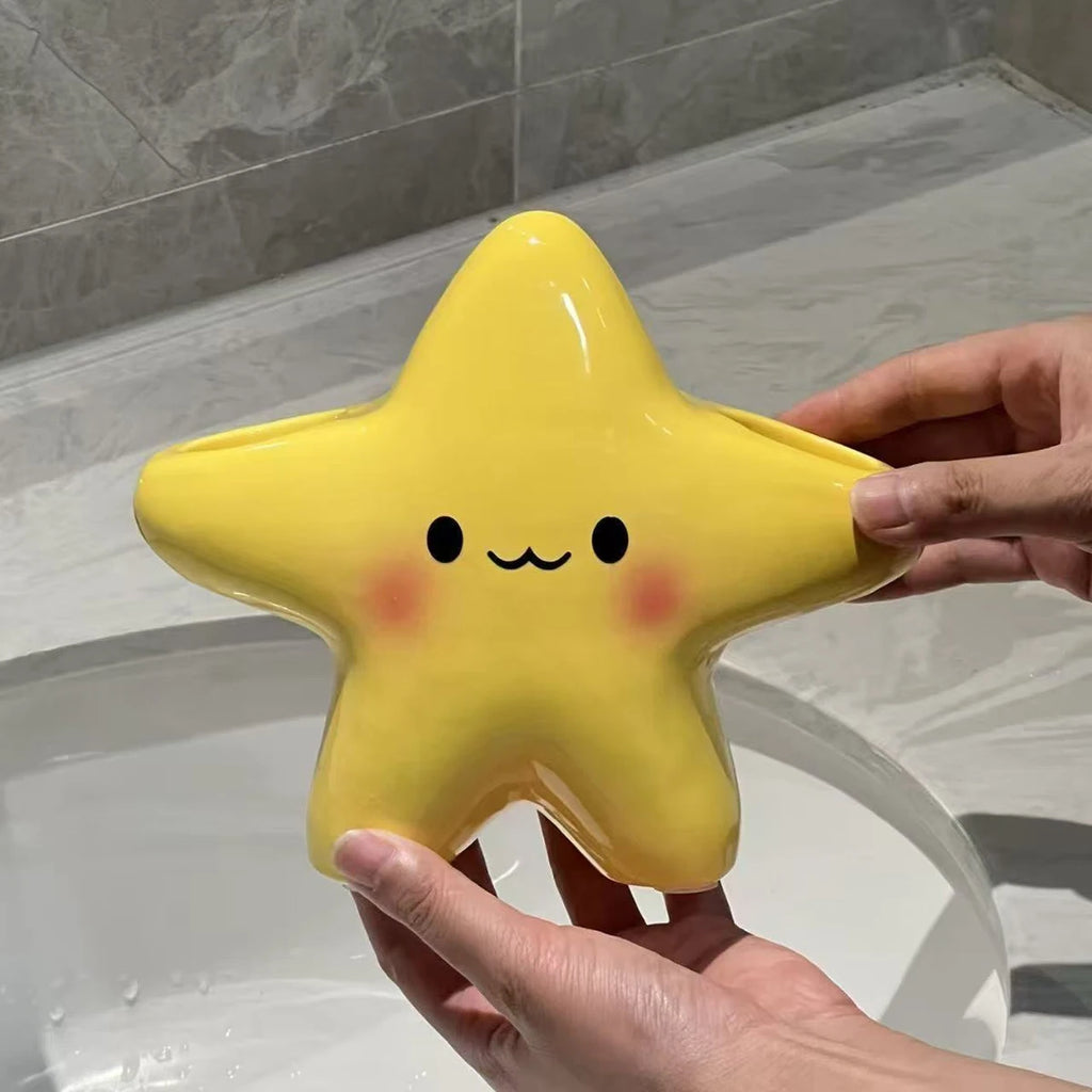 Cute Star-Shaped Toothbrush Holder Freestanding Bathroom Organizer with Cute Face Design, Space-Saving Toothbrush & Toothpaste